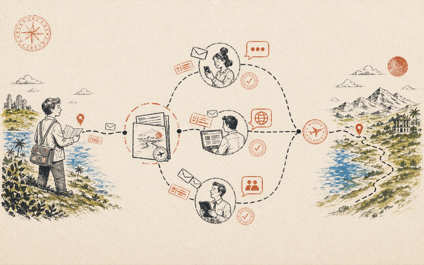 Sendero handoff map showing a traveler request moving through agent operators and approvals.