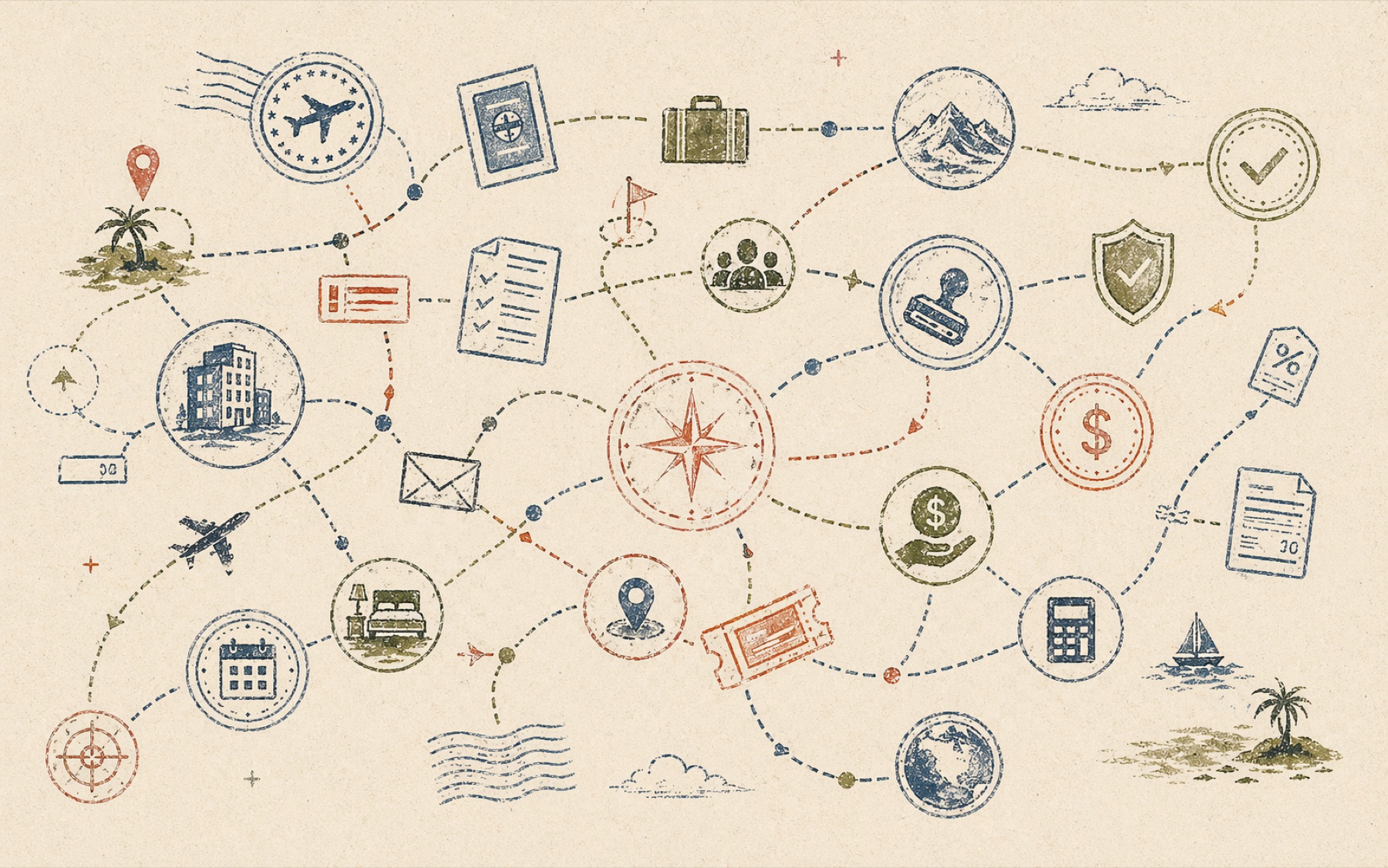 Sendero operations graph connecting travel, policy, finance, and support nodes.