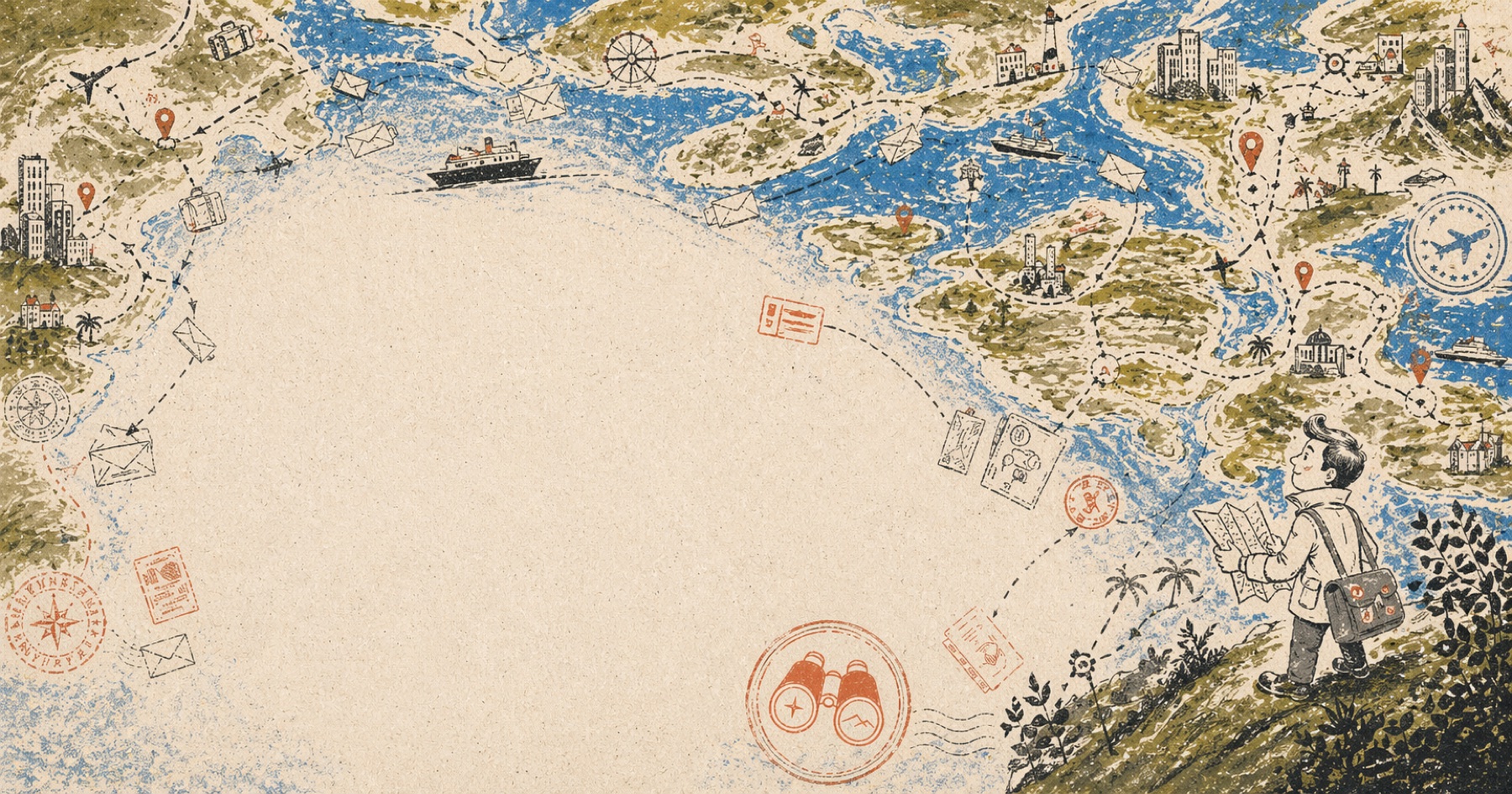 Sendero world map panorama showing route marks, envelopes, destinations, and a traveler.