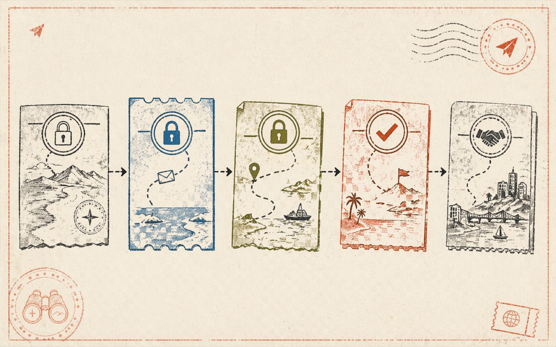 Sendero trust flow showing locked documents, route stamps, approvals, and settlement.